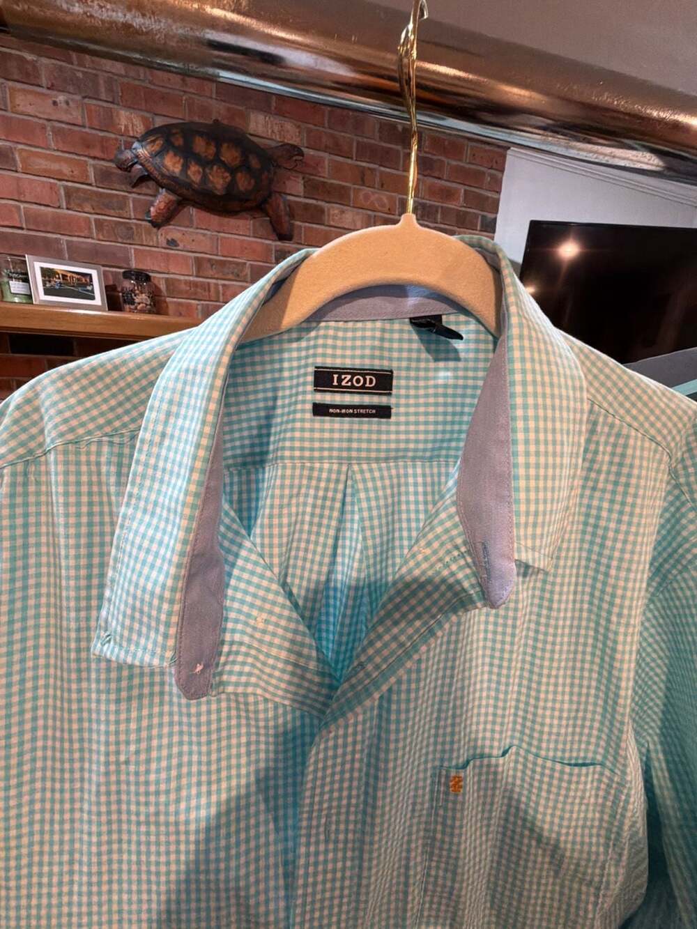 IZOD Mens XL Stretch Light Blue White Gingham Long Sleeve Button Down Shirt
